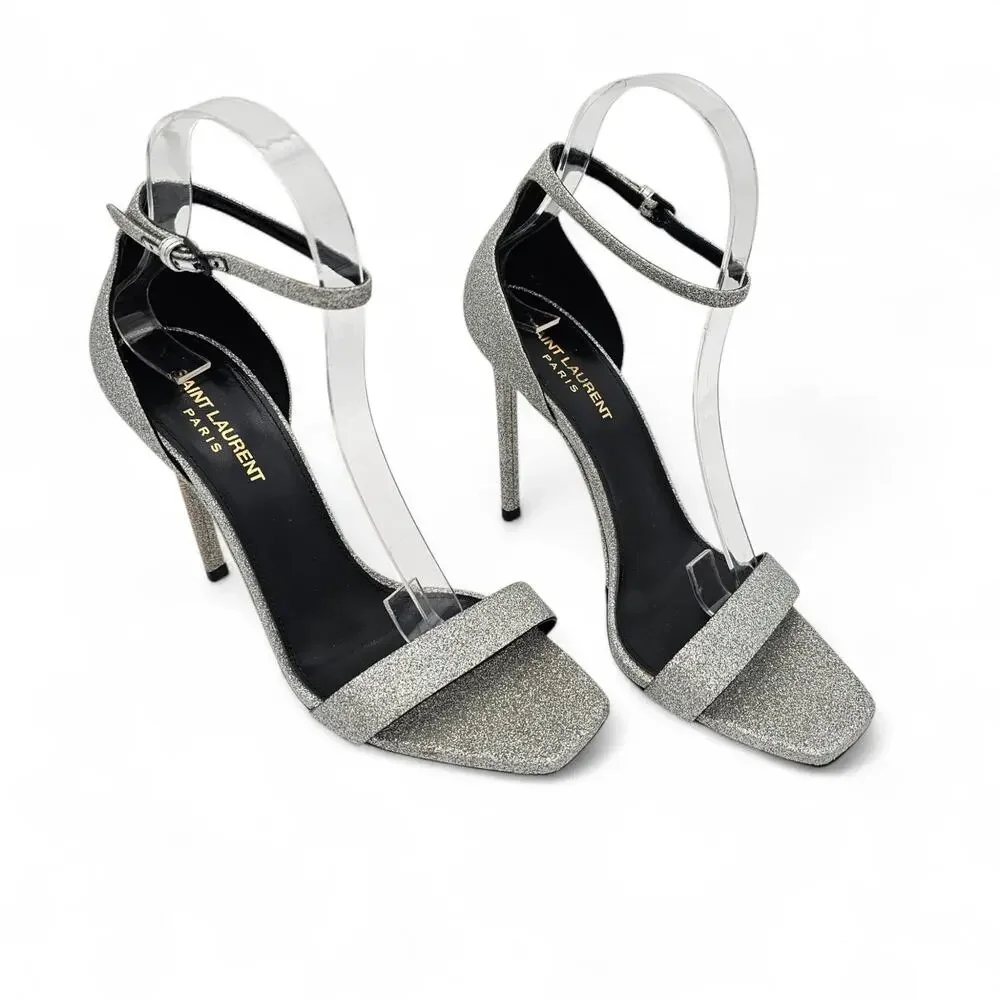 Saint Laurent Amber Stiletto Heel Sandal Silver Glitter Sparkle Size 38.5 US 8.5